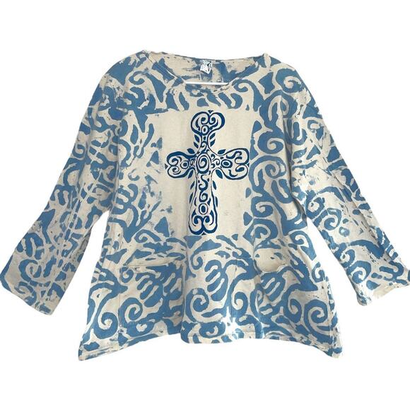 Handmade Scroll Blue Cross Dyed silk-screen Tunic L/XL - Picture 1 of 8